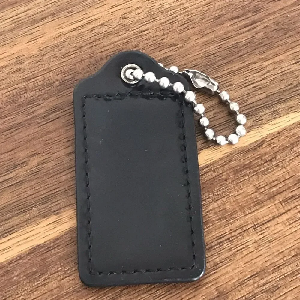 Vintage Coach Black Patent Leather Hang Tag Key Fob Bag Charm 2.5” Silver